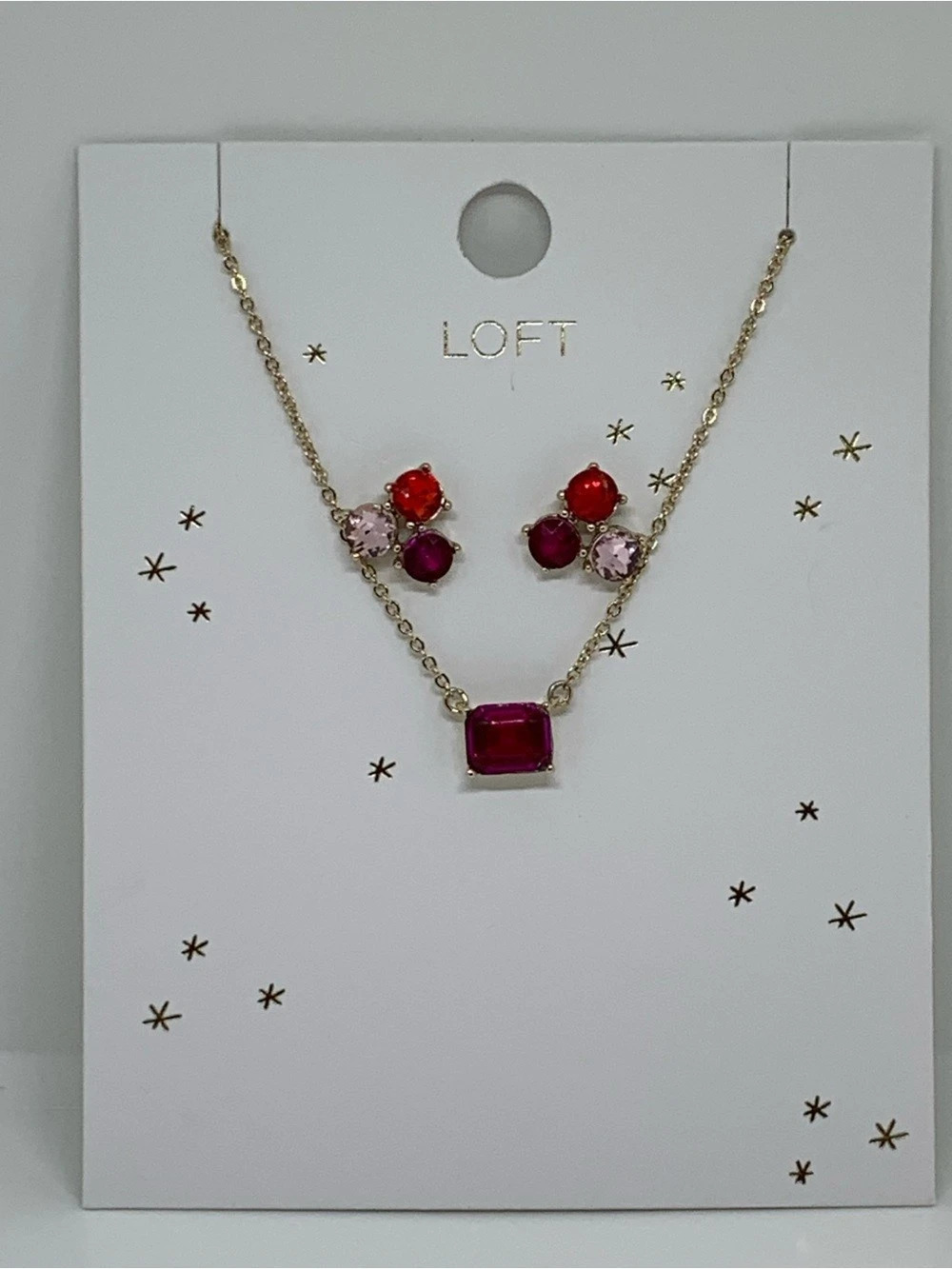 LOFT Ruby Red Crystal Necklace & Earring Set Red & Pink Jewelry Set NWT